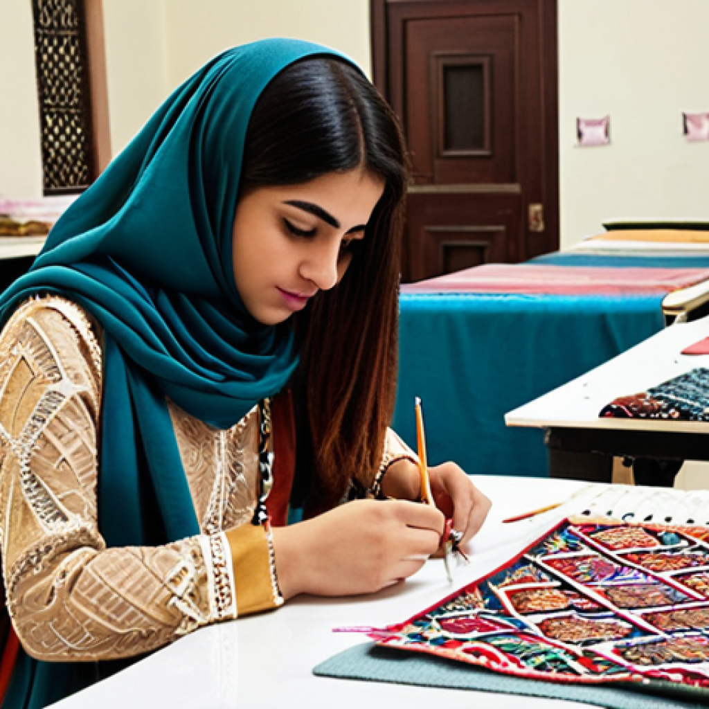 **

A vibrant fashion design studio at the "Prestigious Fashion Institute." A young Arab woman is sketching designs inspired by traditional Islamic geometric patterns. Fabric swatches of silk, Egyptian cotton, and cashmere are scattered on the table. In the background, students are working on sewing machines. The overall feel is creative, inspiring, and celebrates Arabic heritage in modern fashion. Focus on the use of rich colors and textures.
**