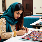 **

A vibrant fashion design studio at the "Prestigious Fashion Institute." A young Arab woman is sketching designs inspired by traditional Islamic geometric patterns. Fabric swatches of silk, Egyptian cotton, and cashmere are scattered on the table. In the background, students are working on sewing machines. The overall feel is creative, inspiring, and celebrates Arabic heritage in modern fashion. Focus on the use of rich colors and textures.
**
