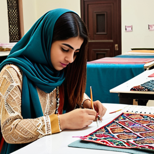 **

A vibrant fashion design studio at the "Prestigious Fashion Institute." A young Arab woman is sketching designs inspired by traditional Islamic geometric patterns. Fabric swatches of silk, Egyptian cotton, and cashmere are scattered on the table. In the background, students are working on sewing machines. The overall feel is creative, inspiring, and celebrates Arabic heritage in modern fashion. Focus on the use of rich colors and textures.
**