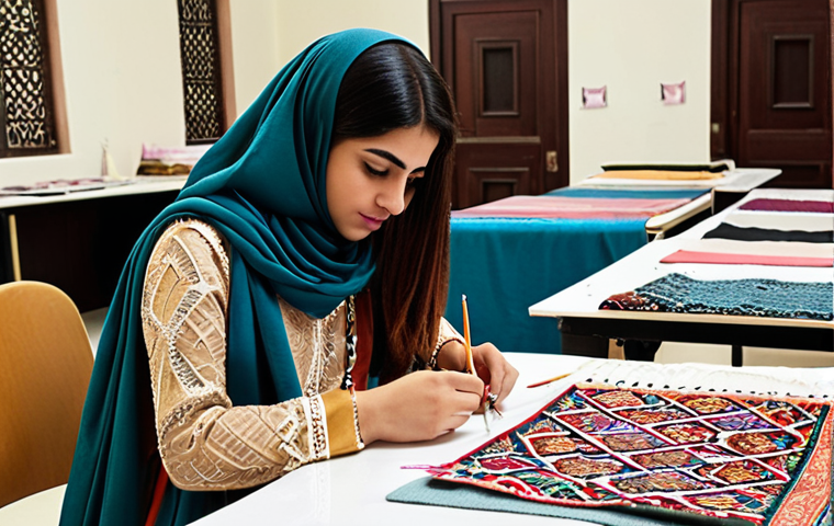 **

A vibrant fashion design studio at the "Prestigious Fashion Institute." A young Arab woman is sketching designs inspired by traditional Islamic geometric patterns. Fabric swatches of silk, Egyptian cotton, and cashmere are scattered on the table. In the background, students are working on sewing machines. The overall feel is creative, inspiring, and celebrates Arabic heritage in modern fashion. Focus on the use of rich colors and textures.
**