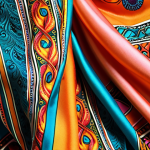 **Elegant silk scarf design:** Close-up, intricate details, vibrant colors, flowing fabric texture.