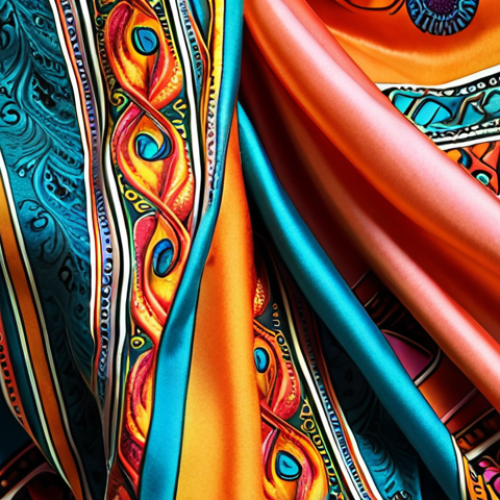 **Elegant silk scarf design:** Close-up, intricate details, vibrant colors, flowing fabric texture.