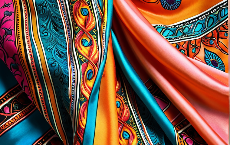 **Elegant silk scarf design:** Close-up, intricate details, vibrant colors, flowing fabric texture.
