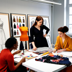 **A vibrant and collaborative fashion design study group in a modern studio. Diverse members are sketching, draping fabric, and discussing designs, surrounded by mood boards and sewing equipment. The atmosphere is creative and energetic.**