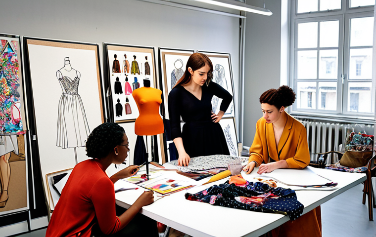 **A vibrant and collaborative fashion design study group in a modern studio. Diverse members are sketching, draping fabric, and discussing designs, surrounded by mood boards and sewing equipment. The atmosphere is creative and energetic.**