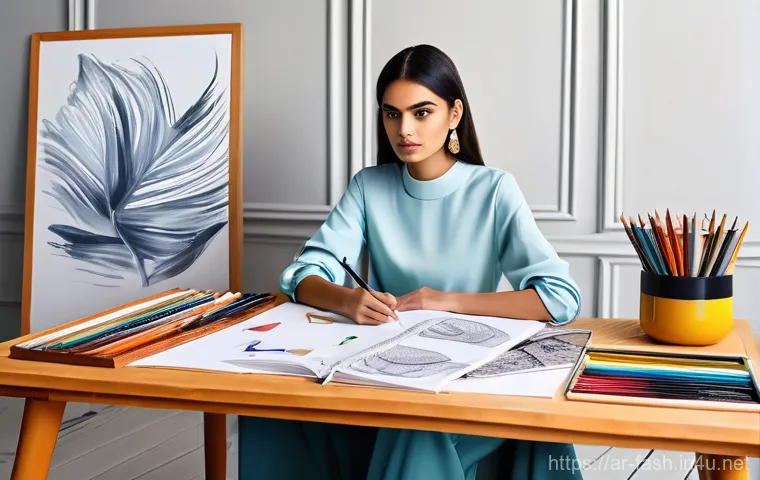패션디자인 초보자를 위한 가이드 - **Prompt 1: "A stylish young Arab female fashion designer, elegantly dressed in a contemporary long-...