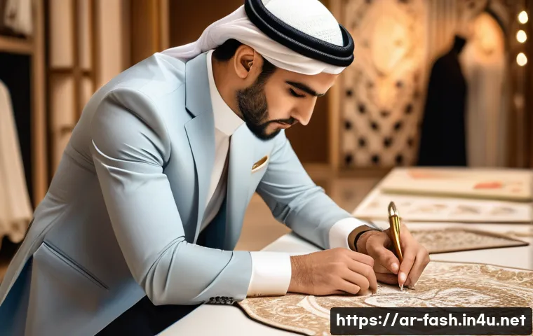 패션디자인 업계 평균 연봉 분석 - A professional Middle Eastern fashion designer in a modern Dubai studio, dressed in stylish modest a...