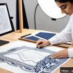 패션디자인 강사와 수강생 인터뷰 - A highly detailed fashion design studio scene showcasing an Arab fashion designer meticulously worki...