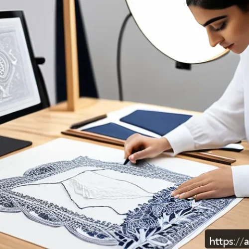 패션디자인 강사와 수강생 인터뷰 - A highly detailed fashion design studio scene showcasing an Arab fashion designer meticulously worki...