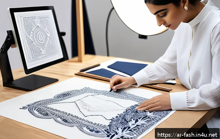 패션디자인 강사와 수강생 인터뷰 - A highly detailed fashion design studio scene showcasing an Arab fashion designer meticulously worki...