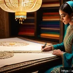 패션디자인 직무별 업무 차이 - A sophisticated haute couture fashion designer&rsquo;s atelier in an elegant Middle Eastern setting, showc...