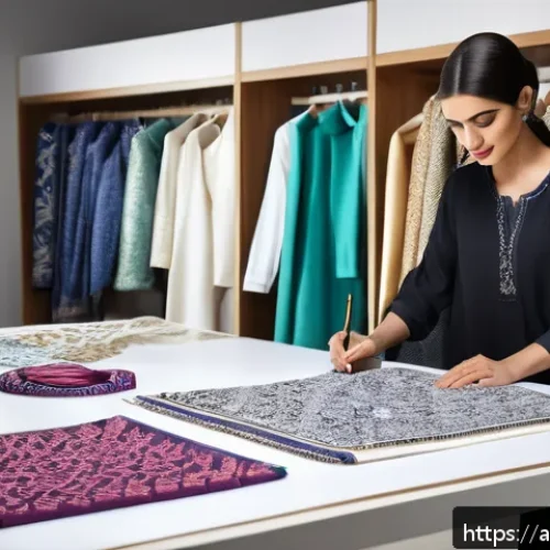 패션디자인 창작 과정 공유 - A sophisticated fashion designer&rsquo;s studio scene inspired by Arabic culture, featuring a female desig...