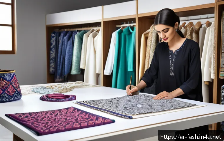패션디자인 창작 과정 공유 - A sophisticated fashion designer’s studio scene inspired by Arabic culture, featuring a female desig...