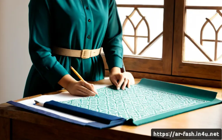 패션디자인 포트폴리오 샘플 작성법 - Photorealistic editorial workspace of a Middle Eastern fashion designer in modest contemporary attir...