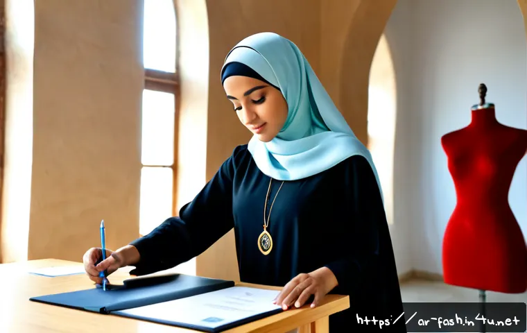패션디자인 관련 국제 자격증 - Photorealistic fashion design certification concept, confident Arab woman wearing a modest contempor...